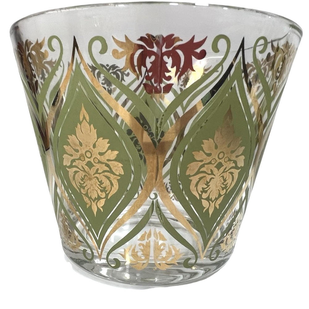 Vtg Irene Pasinski Glass‎ Ice Bucket Olive Green & Gold 6" x 5" Mid Century 50s